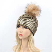 Gold Silber Lila Metallic Acryl Skullies Mädchen Real Waschbärpelz POM POM Strickmütze Mütze (HW138)